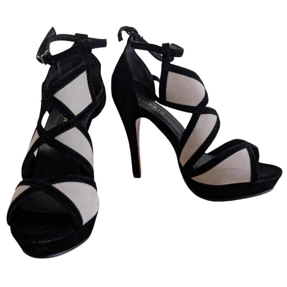 Shein Women's 40 Black White Strappy Velvet High Heels